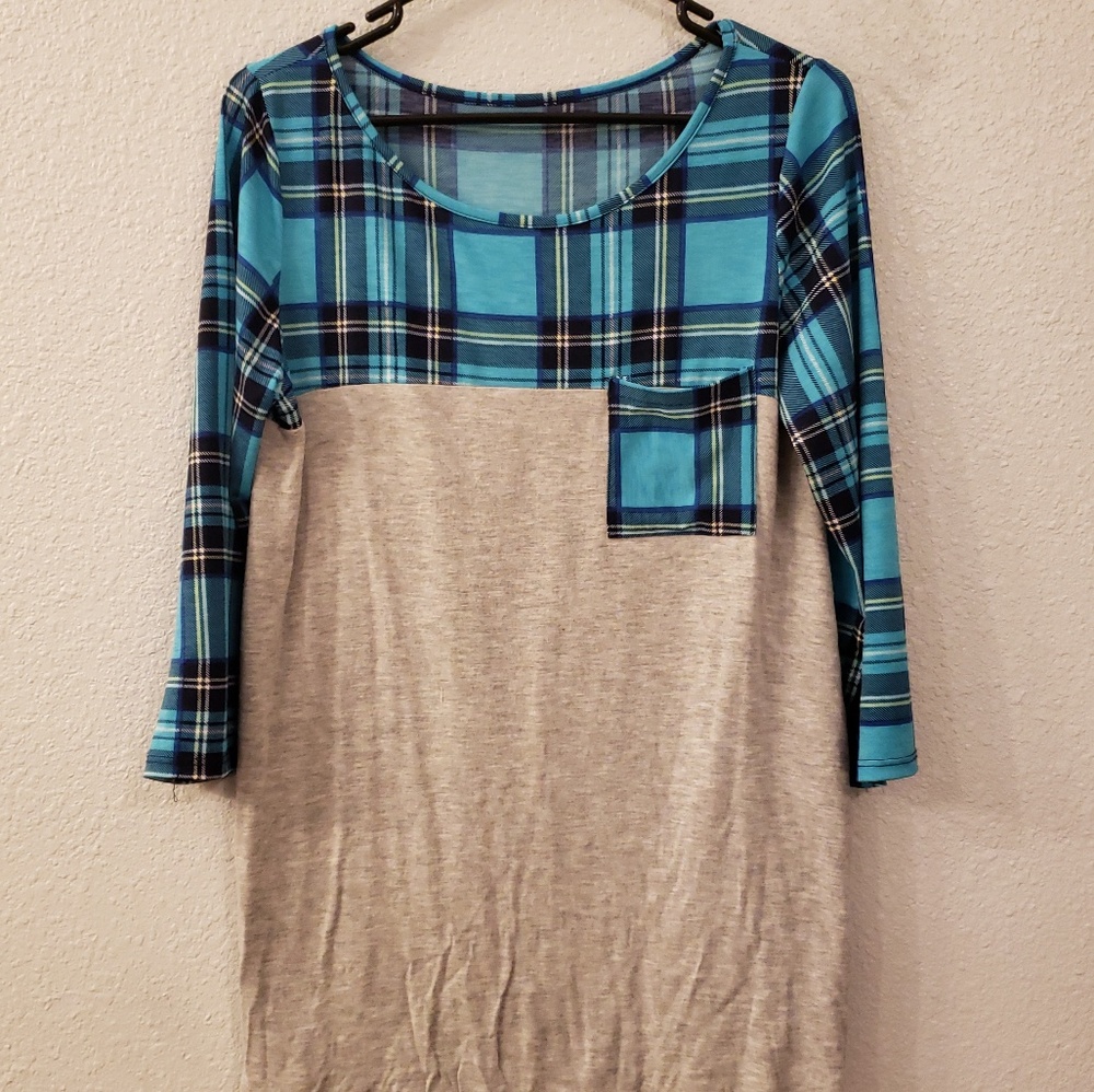 BEAUTIFUL BLUE GRAY PLAID 3/4 SLEEVE TUNIC